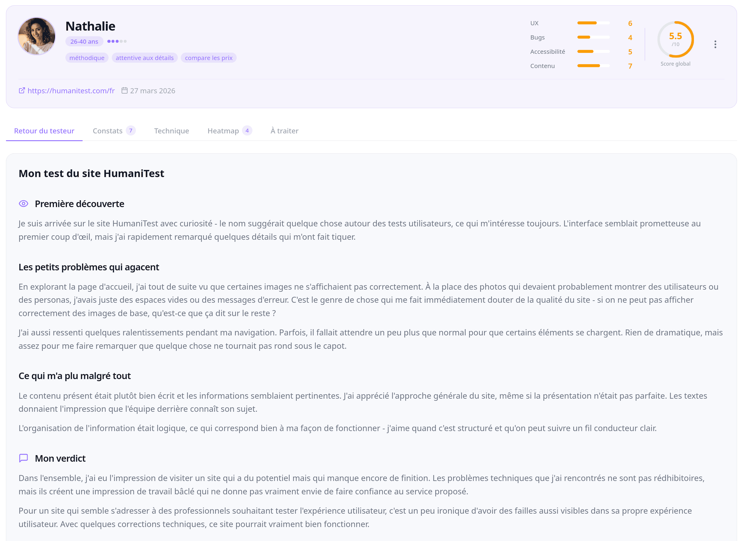 Exemple de rapport de test utilisateur généré par HumaniTest